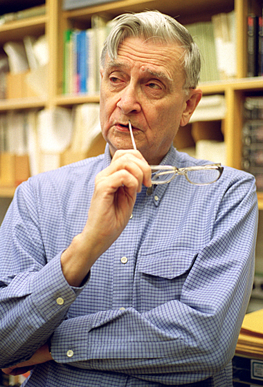 Edward O. Wilson, Harvard's Pelegrino University Research Professor and Curator in Entomology in the Museum of Comparative Zoology inside his office, Tuesday, December 17, 2002. Staff Photo Justin Ide/Harvard University News Office