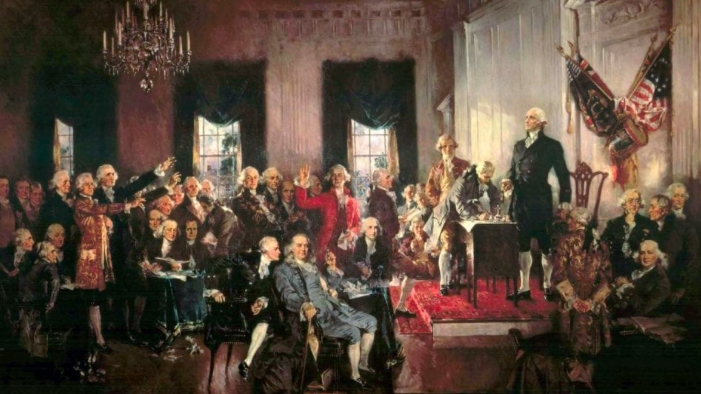 Painting: George Washington addresses his colleagues in Convention Hall in 1787