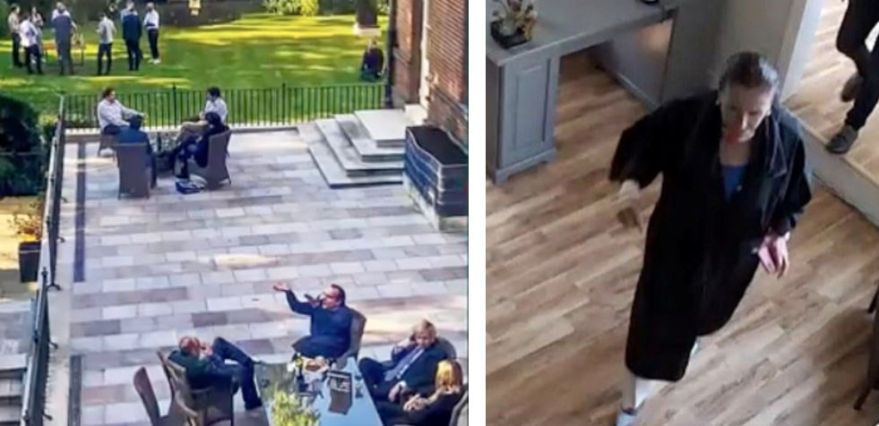 (L) UK Prime Minister Boris Johnson, Photo of backyard, 10 Downing Street, London (R) US Speaker of the House Nancy Pelosi at the hairdresser's, Photo from eSalon, San Francisco