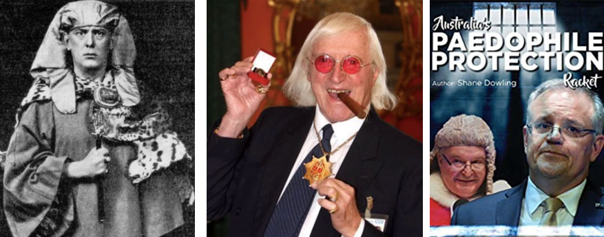 (L) Aleister Crowley (1875-1947) (C) Jimmy Saville, (R) Book by Shane Dowling