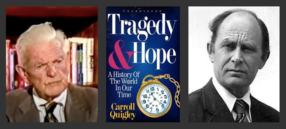 (L) Norman Dodd (in a YouTube interview with G. Edward Griffin) (C) Carroll Quigley's book (R) Antony Sutton 