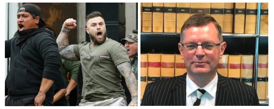  (L) Protestors of vax perform the Haka. AFP (R) Justice Francis Cooke of the New Zealand High Court 