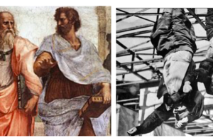 Takeover, Part 2: Big Emotional Words, Democracy and Fascism, Lead to Sloppy Thinking (L) Detail from Raphael's "Plato and the School of Athens" (Plato in pink, Aristotle in brown) (R) The already-dead bodies of Benito Mussolini and his lover were hung upside down, in 1945