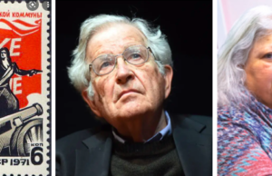 Takeover, Part 4: Paris Commune, Bolshevism, Academics, Wokeness. What? (L) Stamp commemorating the Paris Commune of 1871 (C) Professor Noam Chomsky, Photo: NYTimes.com, Uli Deck/picture-alliance/AP (R) Susan Bro, mother of woke Heather Heyer who was killed at rally in Charlottesville, Photo: cjr.org/Jason Lappa