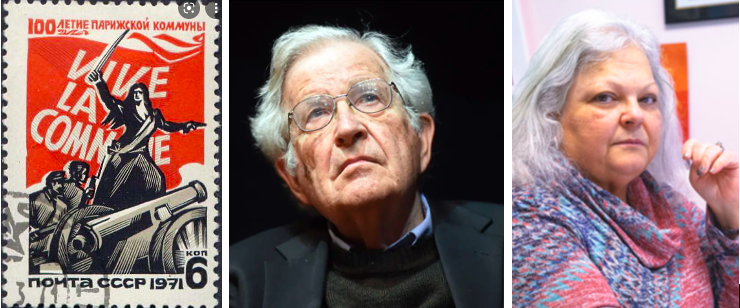 (L) Stamp commemorating the Paris Commune of 1871 (C) Professor Noam Chomsky, Photo: NYTimes.com, Uli Deck/picture-alliance/AP (R) Susan Bro, mother of woke Heather Heyer who was killed at rally in Charlottesville, Photo: cjr.org/Jason Lappa