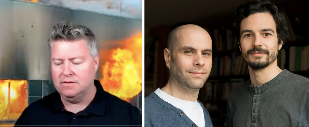 (L) The Economic Ninja channel at  YouTube shows fire in a food processing plant on April 23, 2022 (R) Raphael Stevens and Pablo Servigne