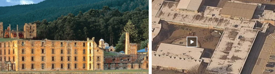 (L) Port Arthur prison, from the convict days, Photo: smh.com.au (R) Sandy Hook school, Photo: abcnews.go.com