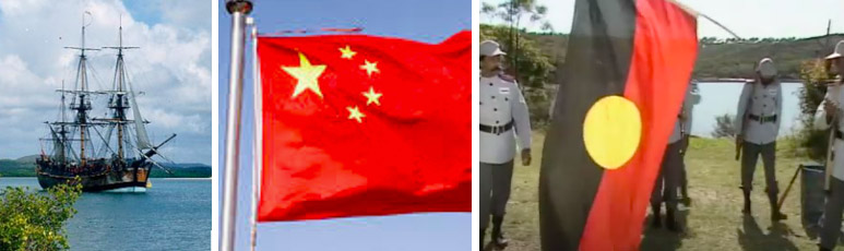 (L) Replica of Cook's Endeavor, Photo: Wiki Commons (C) Chinese flag  (R) Babakiueria, YouTube.com 