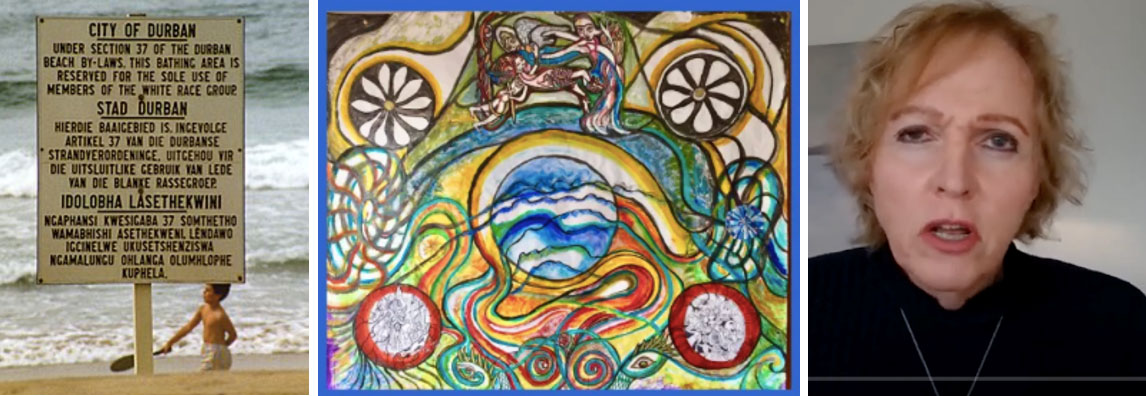 (L) A "whites only" sign on a Durban beach, written in English, Afrikaans, and Zulu (C) Artwork by Tavistock chronicler Diane DeVere (R) Dee McLachlan narrating Child Abduction Video 2 in 2020