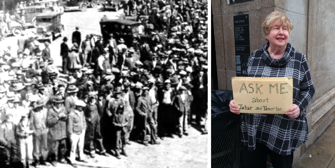Men in Alabama waiting to lynch the Scottsboro boys in 1932; Mary Maxwell in Boston in 2022