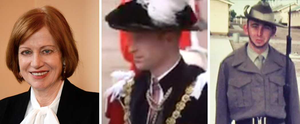 (L) Governor Barbara Baker of Tasmania (C) Prince William at 2022 Garter ceremony (R) Malcolm R Hughes, Australian Army soldier in Vietnam