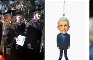 Why We Don’t Just Shoot the Mega-bullies: Numbers (L) Protesting at Boalt Law graduation, Photo: Paul Chinn, San Francisco Chronicle (C) 3-inch Christmas tree ornament of Tony Fauci sold at Amazon (R) Robert F Kennedy, Jr, Photo: Amazon.com