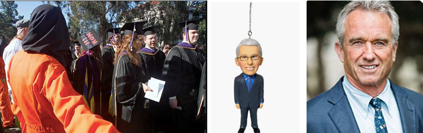 (L) Protesting at Boalt Law graduation, Photo: Paul Chinn, San Francisco Chronicle (C) 3-inch Christmas tree ornament of Tony Fauci sold at Amazon (R) Robert F Kennedy, Jr, Photo: Amazon.com