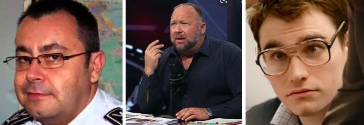 (L) Helric Fredou, French Police Chief, Photo: Independent.ie C) Alex Jones, Photo: Infowars.com (R) Nicholas Cruz, "the Parkland shooter," now on trial, Photo: AP at Insider.com