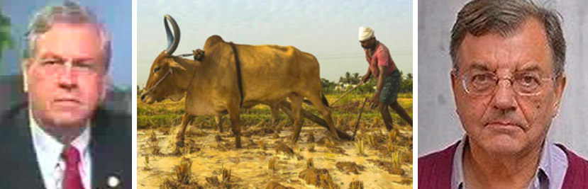 (L) Eustace Mullins, Photo: Wikipedia (C) Article by Colin Todhunter"India's New Rulers Are IMF, WHO, Monsanto," Photo: the ecologist.org (R) Michael Hudson, Photo: quotepark.com