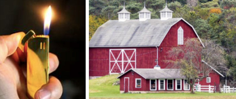 (L) cigarette lighter for arsonist, Photo: bing.com  (R) Barn, Photo: Livestockmrket.com