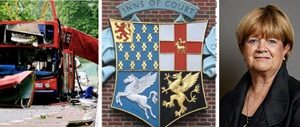The Judiciary Thwarts All Truthers (L) The bus at Tavistock Sq, on 7/7, Photo: NPR.com (C) Heraldry of the legal fraternity in UK (R) Baroness Hallett