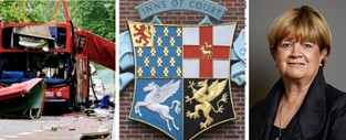 (L) The bus at Tavistock Sq, on 7/7, Photo: NPR.com (C) Heraldry of the legal fraternity in UK (R) Baroness Hallett