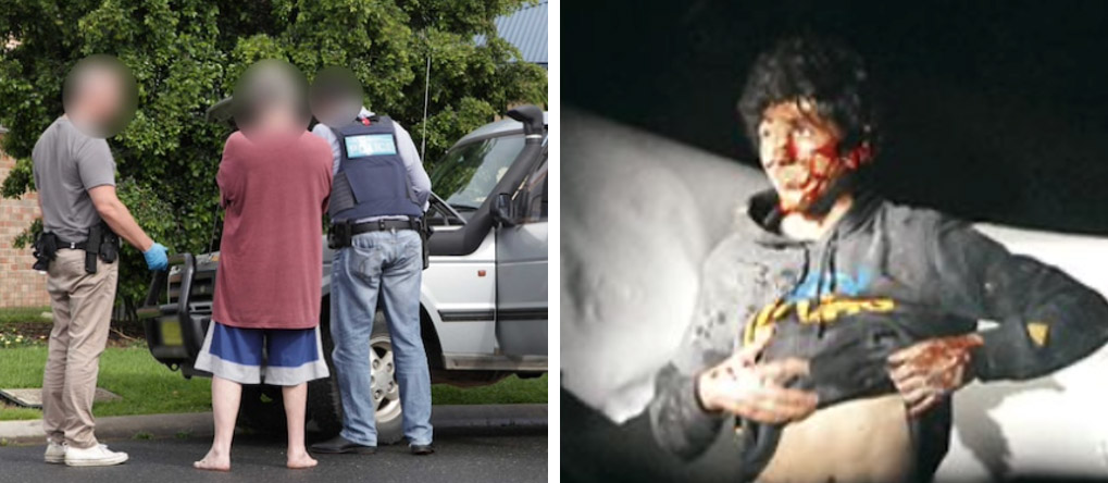 (L) Russell Pridgeon, age 64 at 2018 arrest, Photo: abc.net.au (not sure why the cops are pixelated) (R) Jahar Tsarnaev, age 19, at 2013 arrest, Photo provided by Massachusetts state police