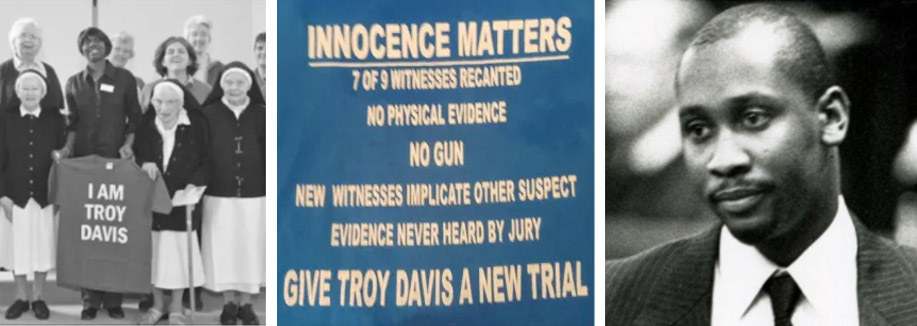 (L) Martina Correia with Dublin nuns (C) the back of the famous tee-shirt (R) Troy Davis (1968-2011)