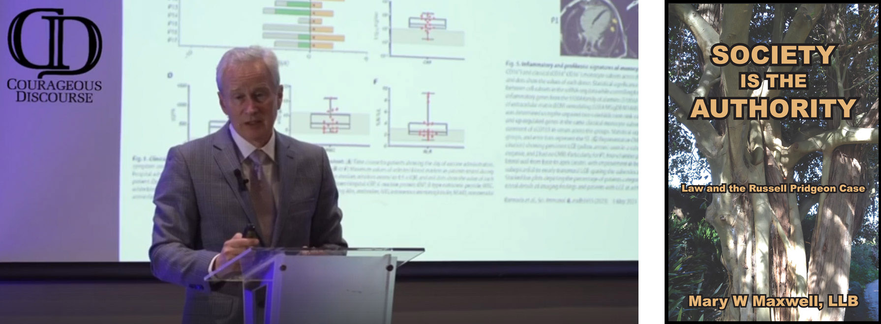 (L) Dr Peter McCullough gives speech in Panama, criticizing the rMNA vaccine, (R) Book Cover: Society Is the Authority.