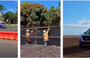 Special Police in Maui and the Deprivation of Rights under Color of Law (L) Blocking traffic to Lahaina area (C) Men building the wall (R) The Special Police's Nissan vehicles.