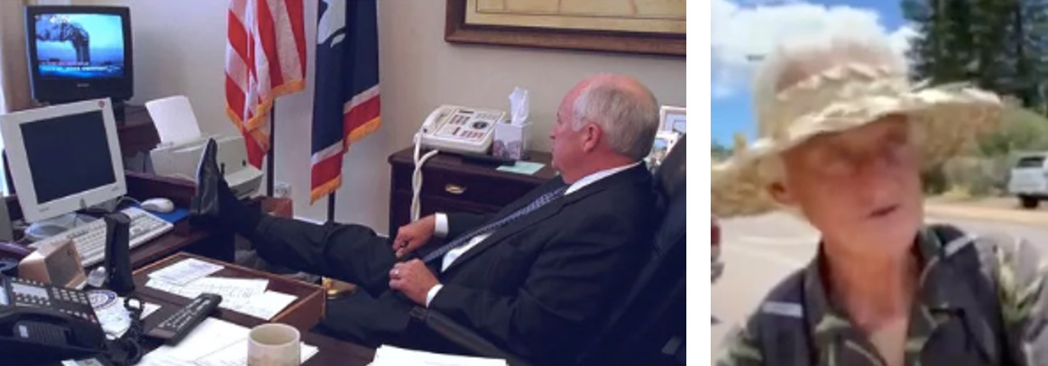 (L) Vice President Cheney watches the Towers burn, with his foot up, Photo: WhiteHouse.gov (R) FISH of Front Street tells how the cops prevented cars from leaving the danger zone, Photo: YouTube of Hawaii Real Estate