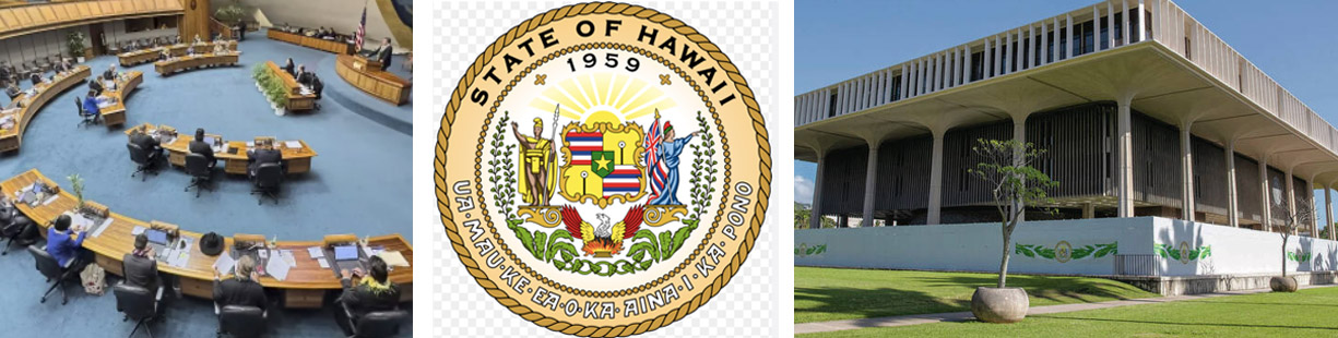(Left) Hawaii Legislature, (Center) Seal of the State of Hawaii (Right) New building for lawmakers
