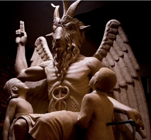 Baphomet with children, a statue in Detroit. Satan has several names: Beelzebub, Moloch, Mephistopheles.