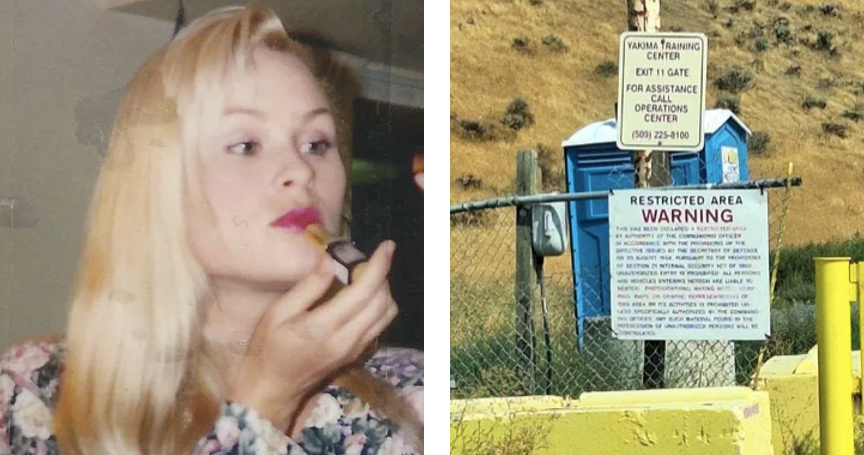 (L) Ms Sprout as a ‘puppet,’ age 22 (R) Later, she revisits the site of her “upbringing”