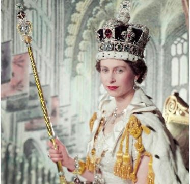 Donald Trump at the UN, versus Queen Liz at Her Coronation QE II, photo from Wikimedia Commons